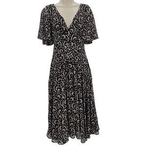 Stevie May Womans size XS Anise Kabuki Crepe Black Floral Midi Dress V-Neck FLAW